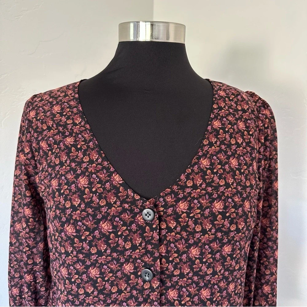 Madewell Georgette Smocked Cuff Button Front Top In Orchid Floral Blouse Size 2 - Picture 5 of 14